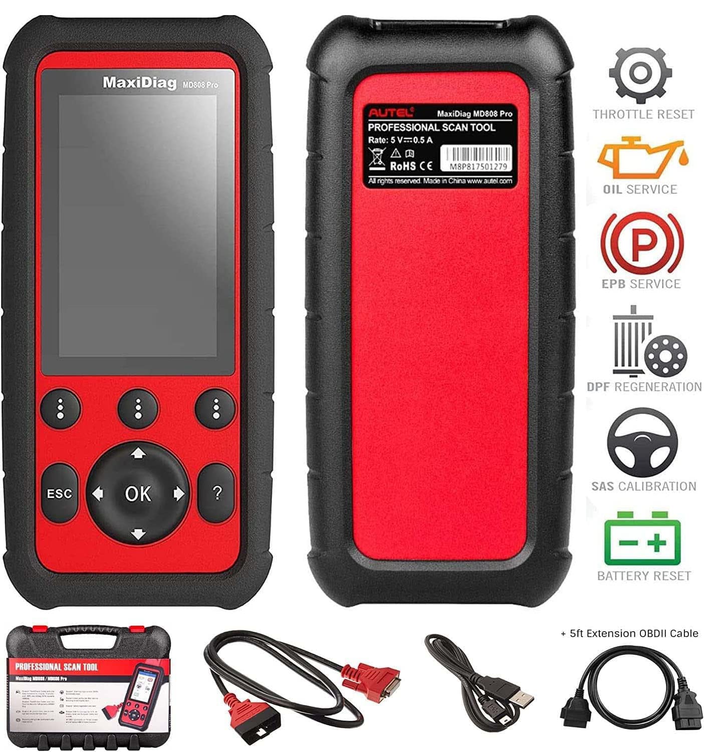 Autel MD808 Pro MaxiDiag with Extension Cable Full System Scanner 7 Special Features Read/Clear Codes DTC Lookup Oil Reset Battery Reset EPB SAS BMS Upgraded MD806 MD802 AL329 AL529 AL609 AL629