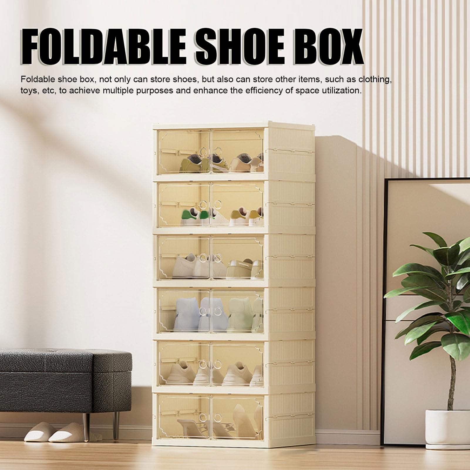 Caja de zapatos plegable apilable con tapa magnética transparente, contenedor de zapatos a prueba de polvo para ropa y juguetes, solución de organización de 6 niveles