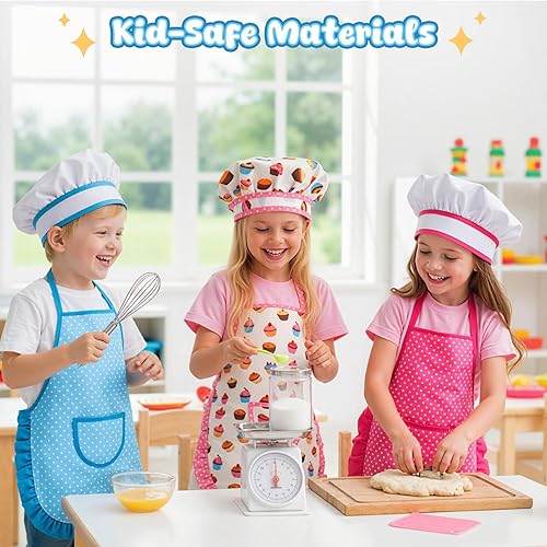 Miniatura 3 de LovesTown Juego de 32 piezas para hornear para niños, disfraz de chef con sombrero de chef, delantal, accesorios de cocina para cumpleaños,