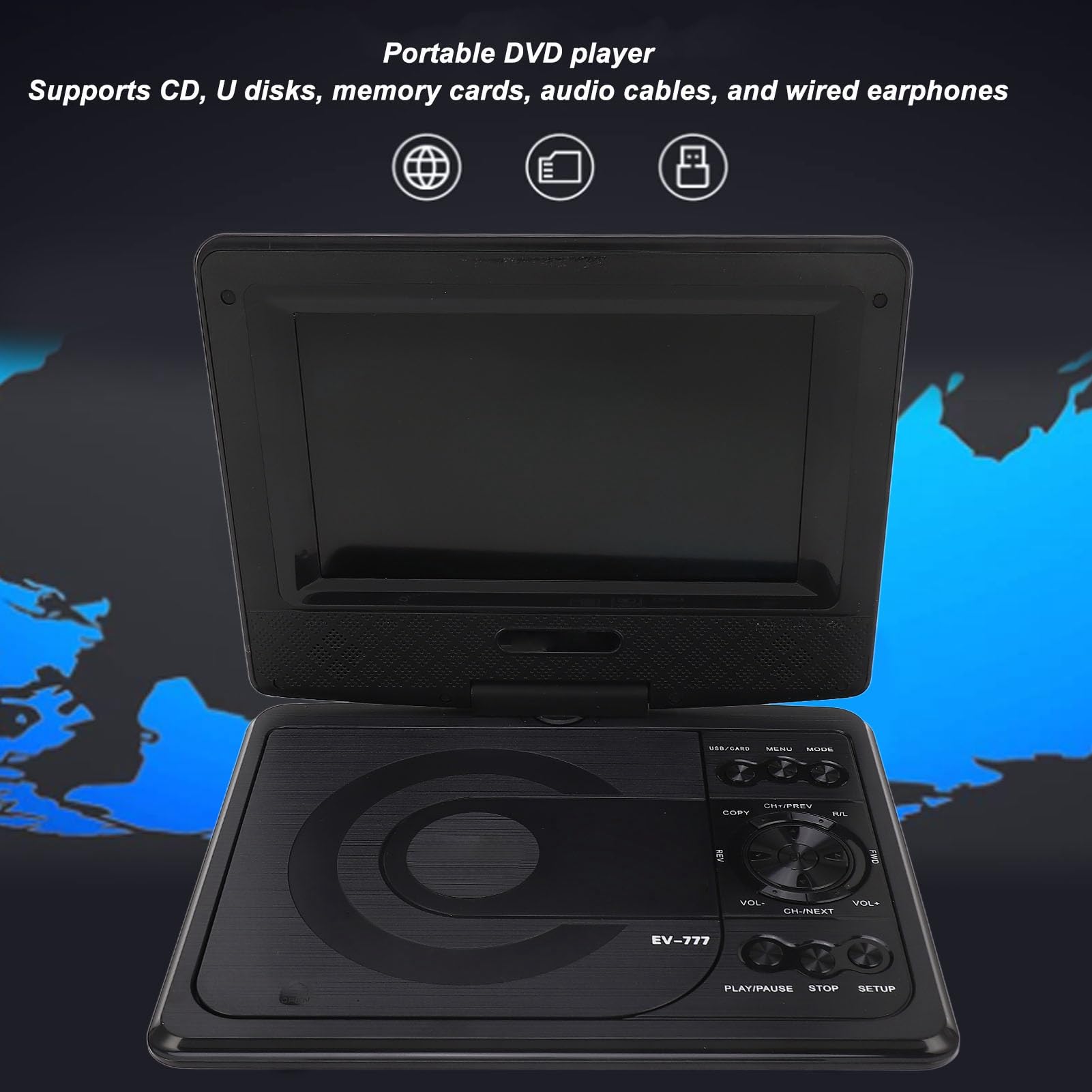 Reproductor de DVD Portátil 1080P Batería Recargable Memoria de Punto de Interrupción Conector para Auriculares Pantalla 7"