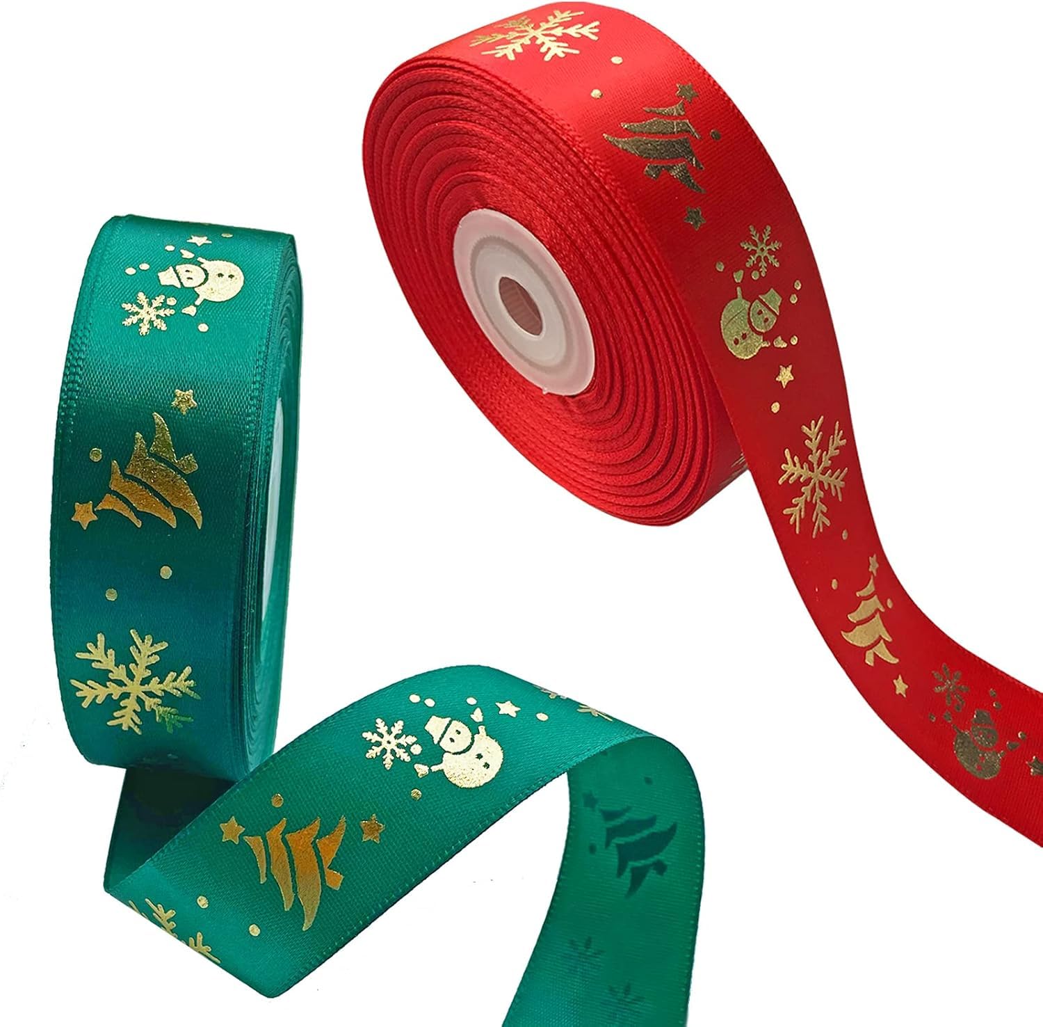 FAM 2 Rolls Christmas Ribbons with Gold Snowflake Snowman Christmas Tree Signs,16mm wide 2Yard/Spool for Gift Wrapping Decoration,Floral Bows Craft (Red and Green)
