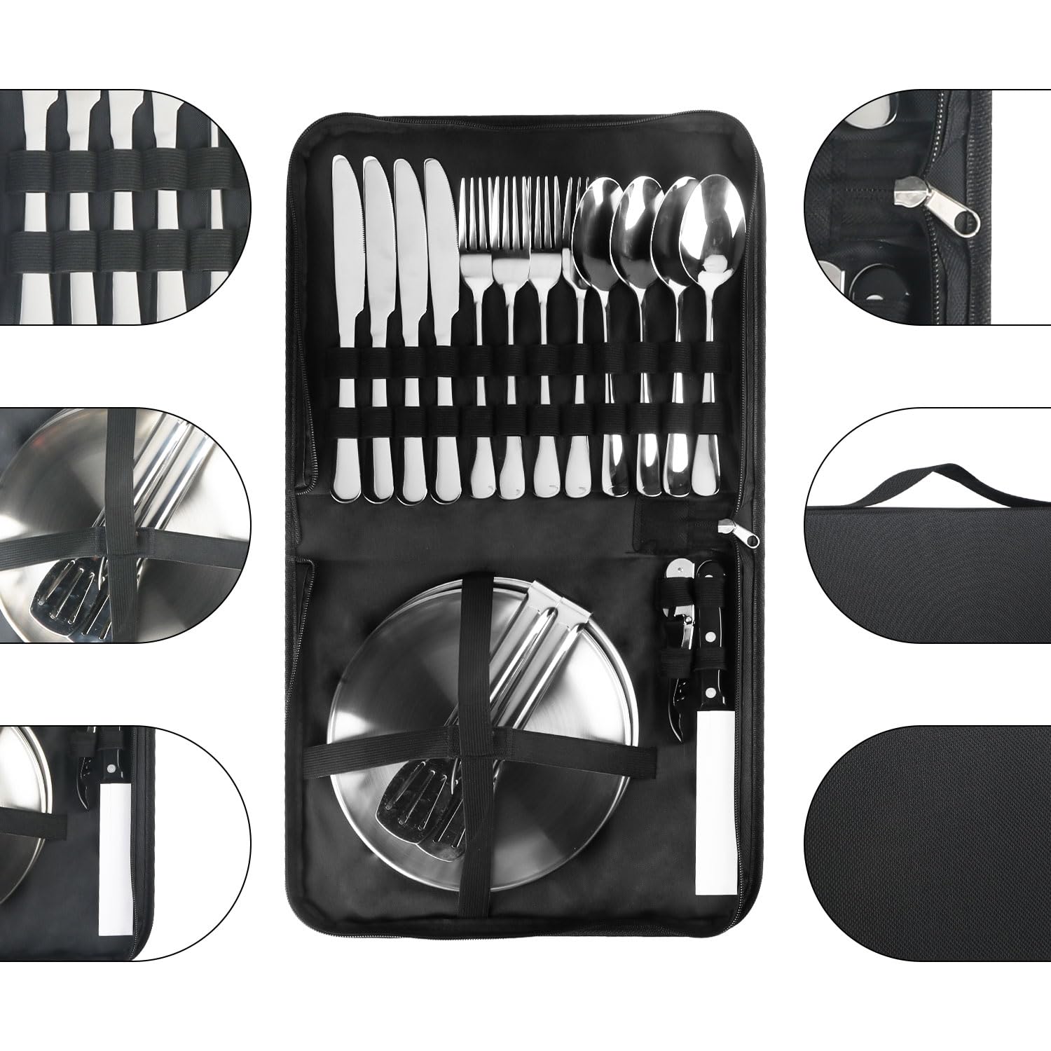 Camping Besteckset 4 Person, 20 PCS Picknick-Teller und Utensilien-Set, Tragbares Geschirr, Edelstahl-Besteck-Kombination mit Organizer-Tasche, Wiederverwendbar, Langlebig