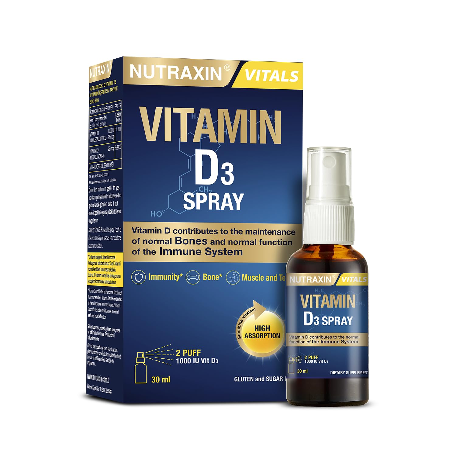 Nutraxin Vitamin D3 Spray | 1000 IU D3 Vitamini | Bağışıklık ve Kemik Sağlığı Desteği | Şeker ve Gluten İçermez | 30 ml Sprey Form