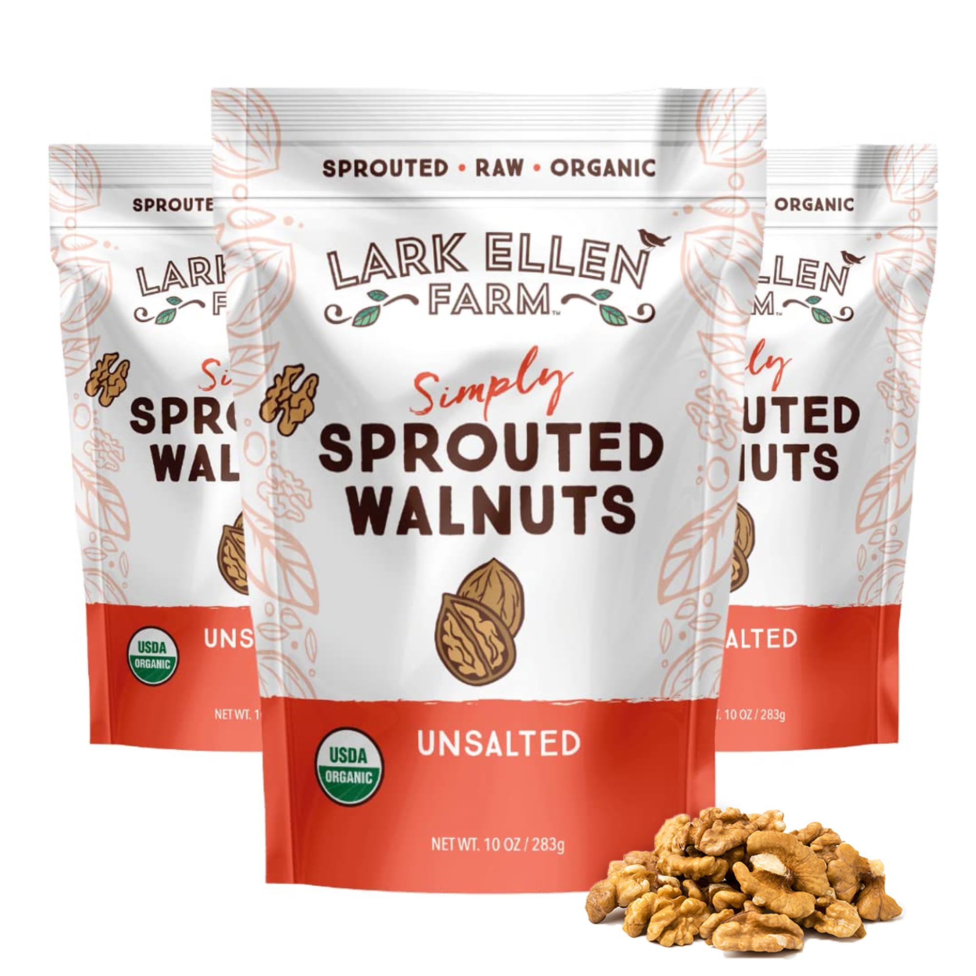 Lark Ellen Farm Organic Sprouted Walnuts – Raw, Unsalted, Keto-Friendly, Healthy Vegan Snack, Gluten-Free, 10 Oz, 3 Pack