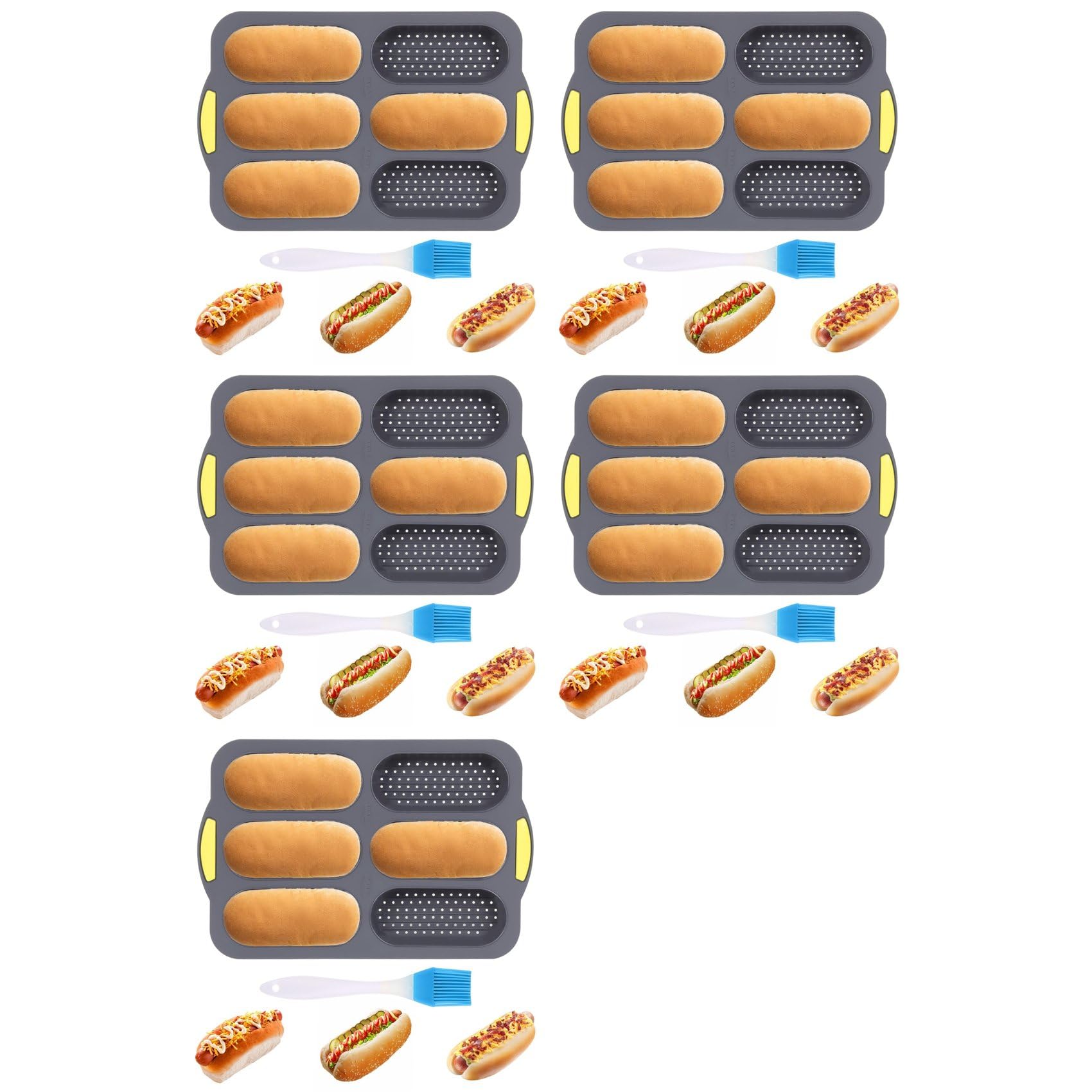 Aundhegrtt 5X Silicone Pan, Hot Dog Bun Pan with Oil Brush,6 Gutter Nonstick French Bread Bake Mold