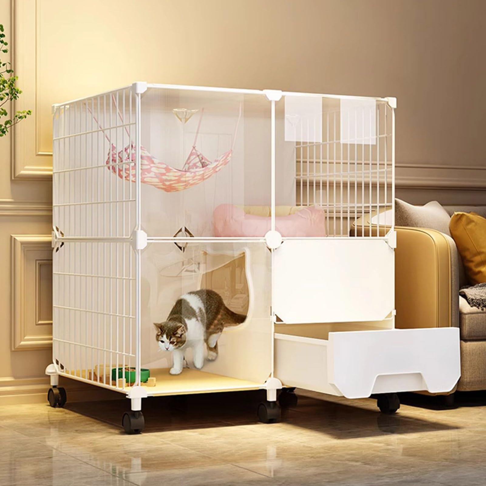 Cage d'intérieur pour chat avec litière amovible et maison à étages
