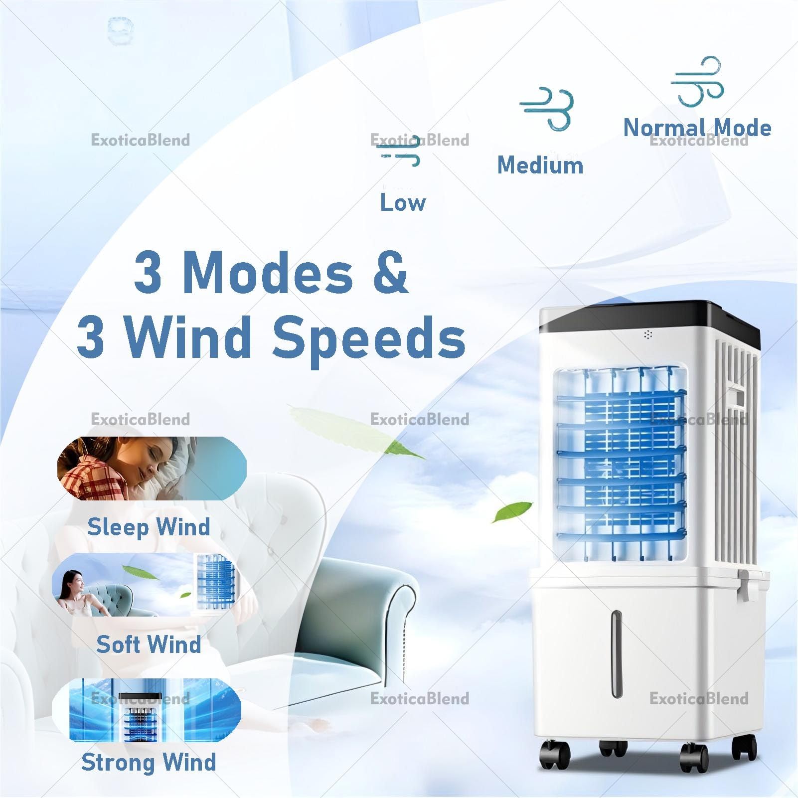 Aire Acondicionado Portátil de 15 L, Unidad Enfriadora Evaporativa para Habitaciones, Ventilador Sin Necesidad de Ventana Que Emite Aire Frío, con Control Remoto