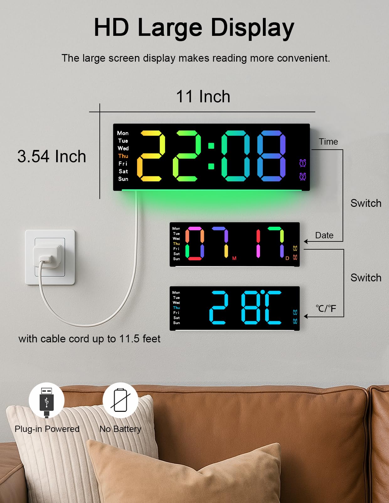 Cyfrowy zegar ścienny, duży wyświetlacz, z pilotem zdalnego sterowania, kolorowy zegar cyfrowy RGB LED z datą i dniem tygodnia, automatyczna jasność, czas letni, temperatura, cyfrowy budzik do