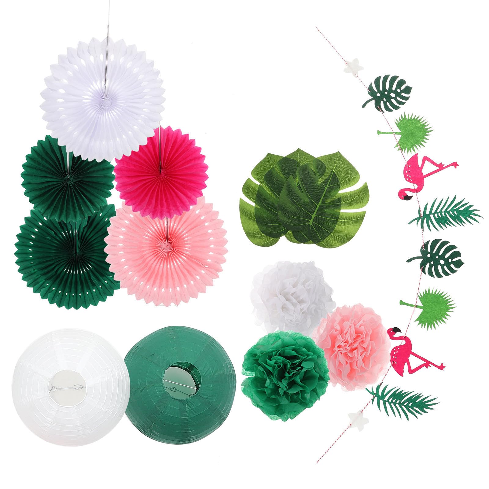 Set de decoración verano con banner colgante hawaiano y hojas de palma
