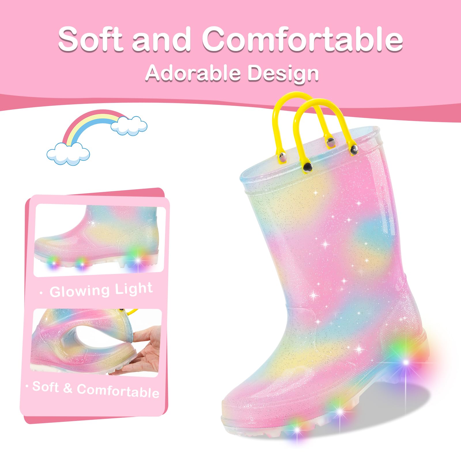 FUNCOO PLUS Stivali da pioggia per bambini e bambine, impermeabili, con manici