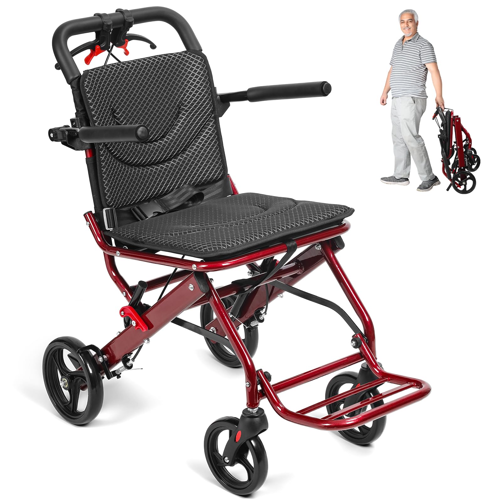 Lekki składany wózek inwalidzki 8,4 kg, przenośny wózek inwalidzki z hamulcami ręcznymi i kołami 20 cm, kompaktowy fotel mobilny ze stopu aluminium, obsługuje 80 kg, dla dorosłych (czerwony)