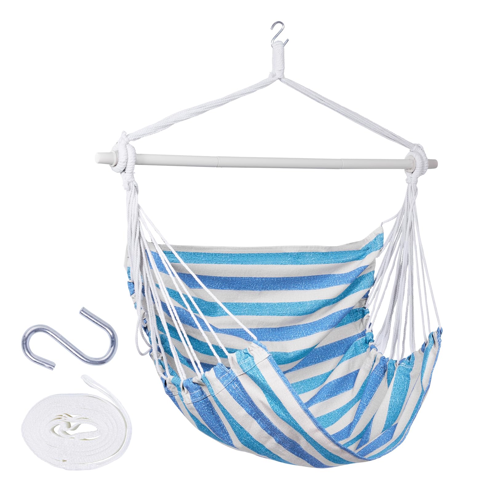 Backyard Expressions Striped Hammock Chair Hanging Rope Swing Chair, Anti Slip Steel Spreader Bar