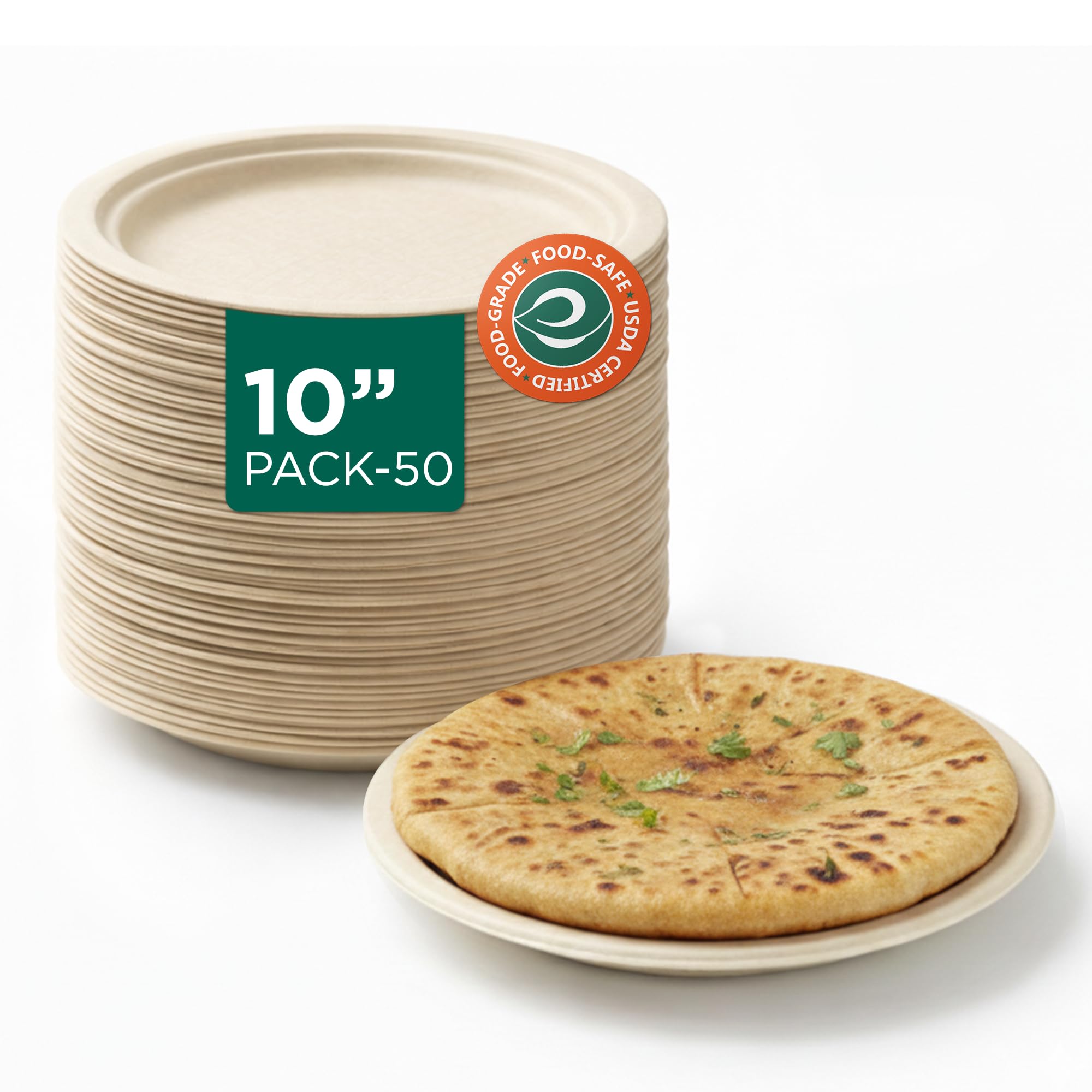 ECO SOUL [10 inch, 50 Pack Disposable Bagasse Plates | Eco-Friendly, Biodegradable, Sugarcane Paper Plates | for Serving Snacks | Birthday, Wedding & Party | Round, Beige (25 cm)