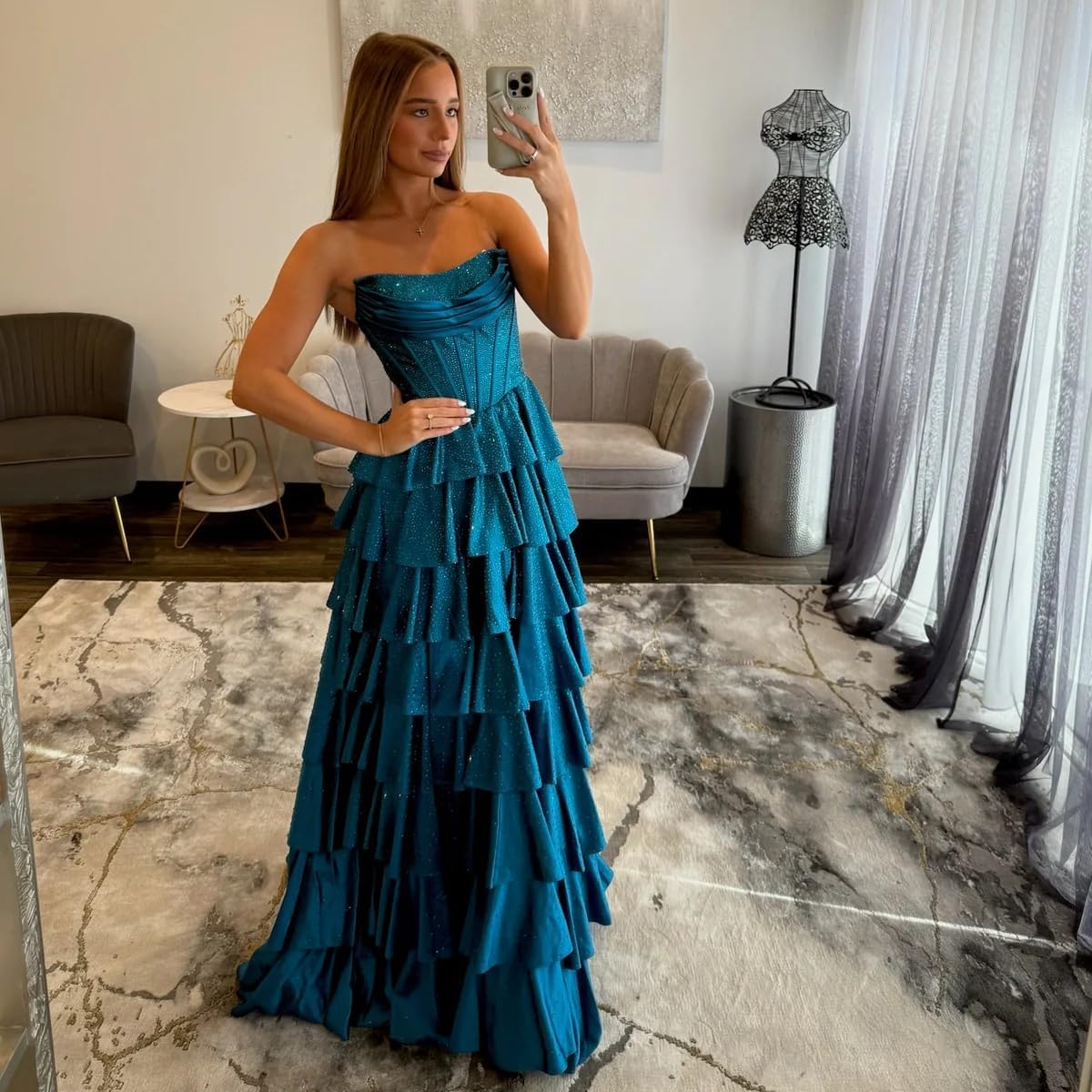 Strapless Sequin Prom Dresses 2026 Sparkly Tiered Corset Open Back Formal Evening Party Gown with Slit