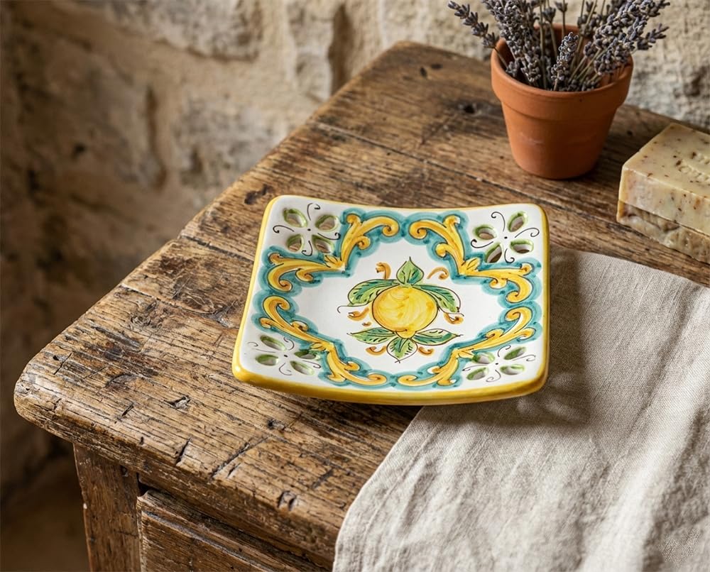 Vide-poches en céramique de Sicile jaune et vert pour une entrée élégante et organisée