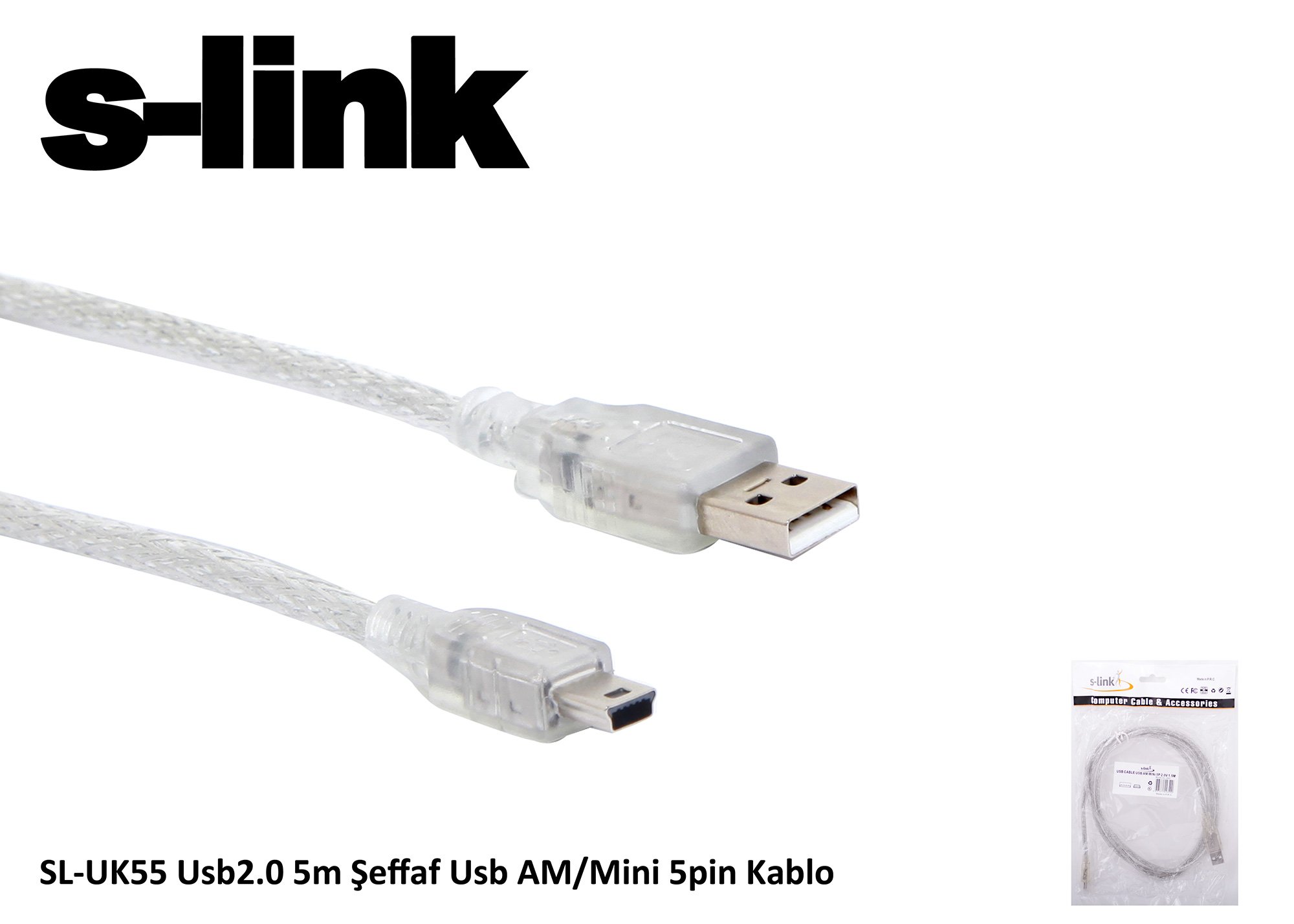 S-link SL-UK55 Usb2.0 5m Şeffaf Usb AM/Mini 5pin Kablo