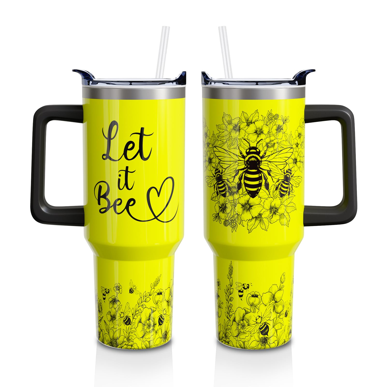 Aokoyi Let It Bee Gifts Cup for Women Men, 40oz Tumbler Cup with Handle and Straw, Bee Lover Stainless Steel Yellow Water Bottle Mug (1PC)