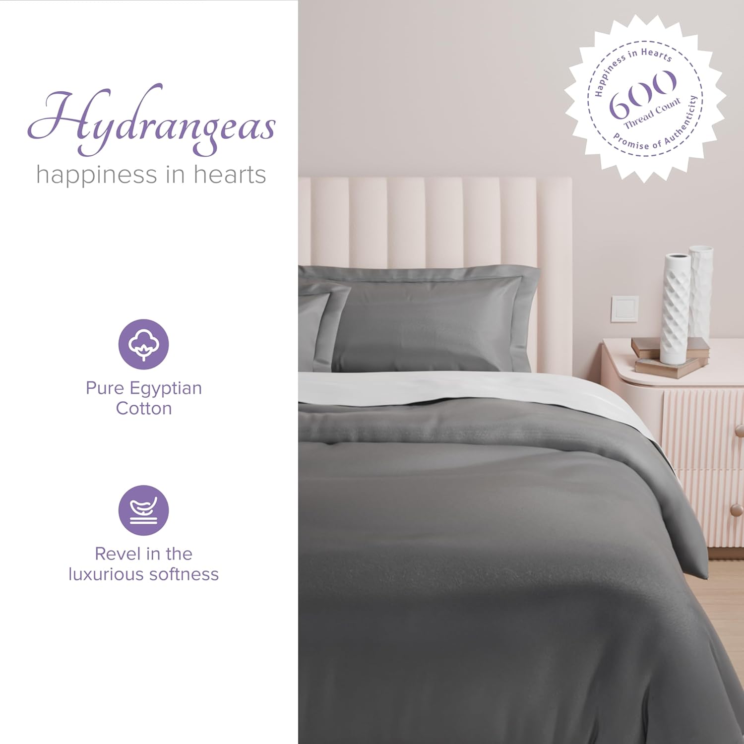 Carressa Linen 100% Egyptian Cotton Duvet Cover King Size - 600 Thread Count 3 PC Duvet Cover, Extra Long Staple Egyptian Cotton Quilt Cover, Soft, Breathable with Hidden Zipper Closure - Dark Grey - Image 2