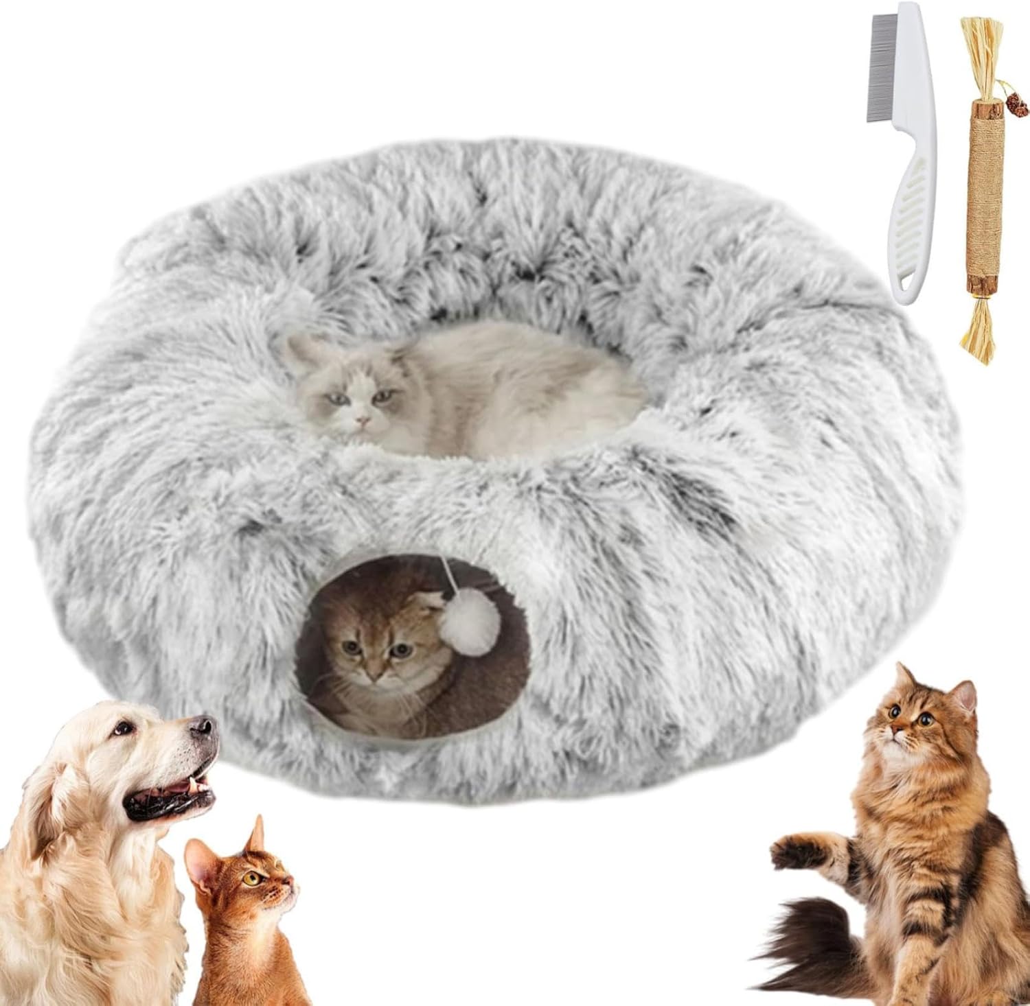 Cat Tunnel Bed for Indoor Cats, Soft Cute Cat Donut Tunnel with Washable Circle Cushion, Multifunctional Cat Playground Toys, Round Pet Play Tunnel Toy for Kitten/Puppy/Rabbit (Grey)