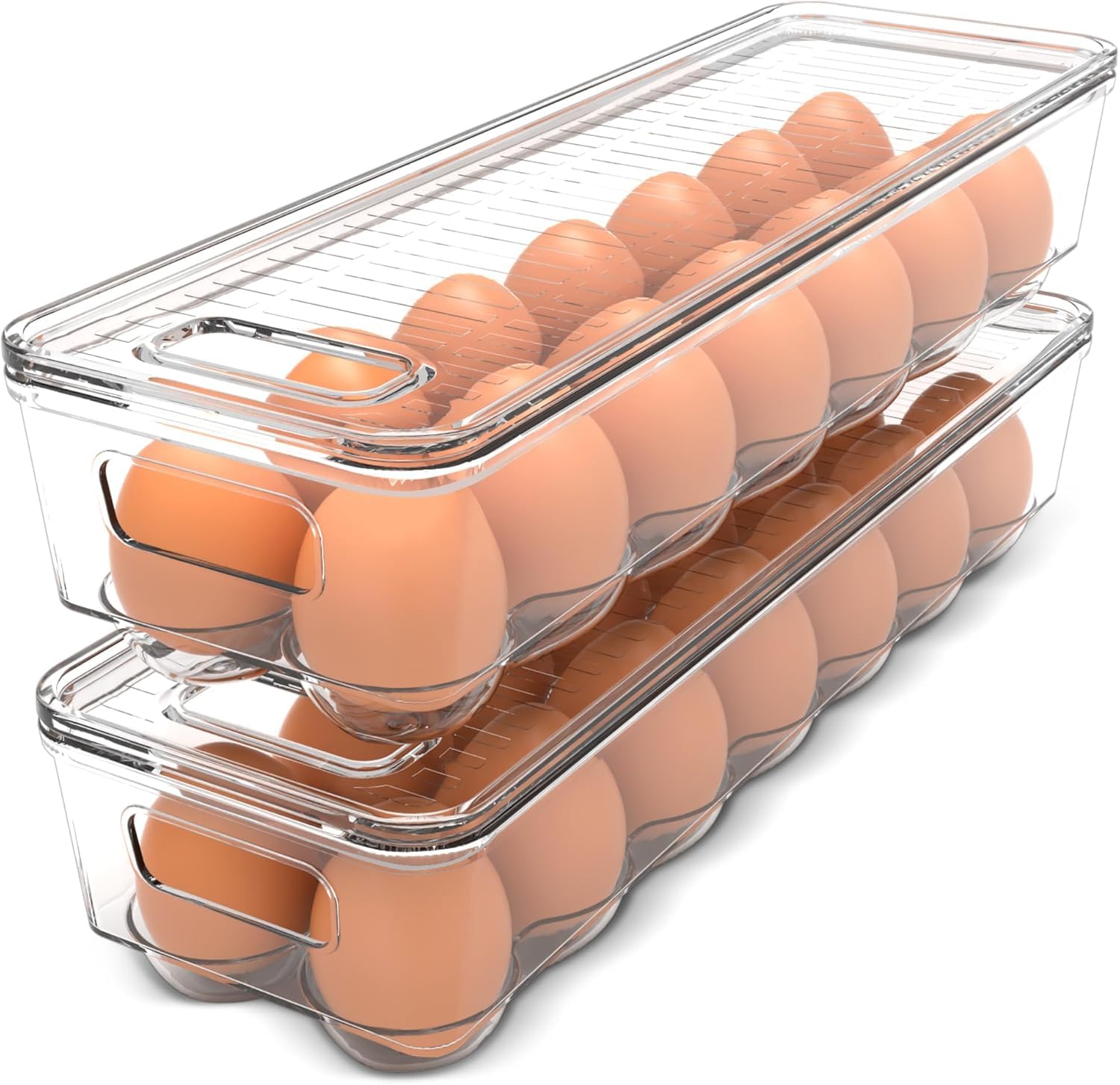 KICHLY Pack of 2 - Egg Basket for fridge - Egg Holder for Fridge - 14 Egg Container With Lid & Handle, Egg Container For Refrigerator, Stackable Plastic Egg Tray with Lids (Clear)