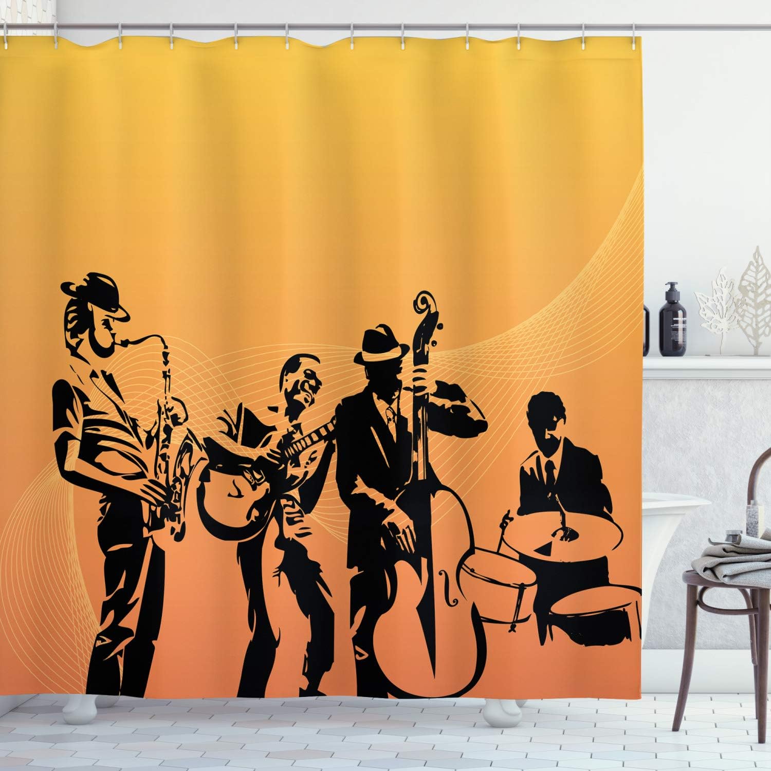 Ambesonne Jazz Music Shower Curtain, Silhouette of Jazz Quartet Performing on Stage Acoustic Passion Old Style Art, Cloth Fabric Bathroom Decor Set with Hooks, 69" W x 75" L, Mustard Black
