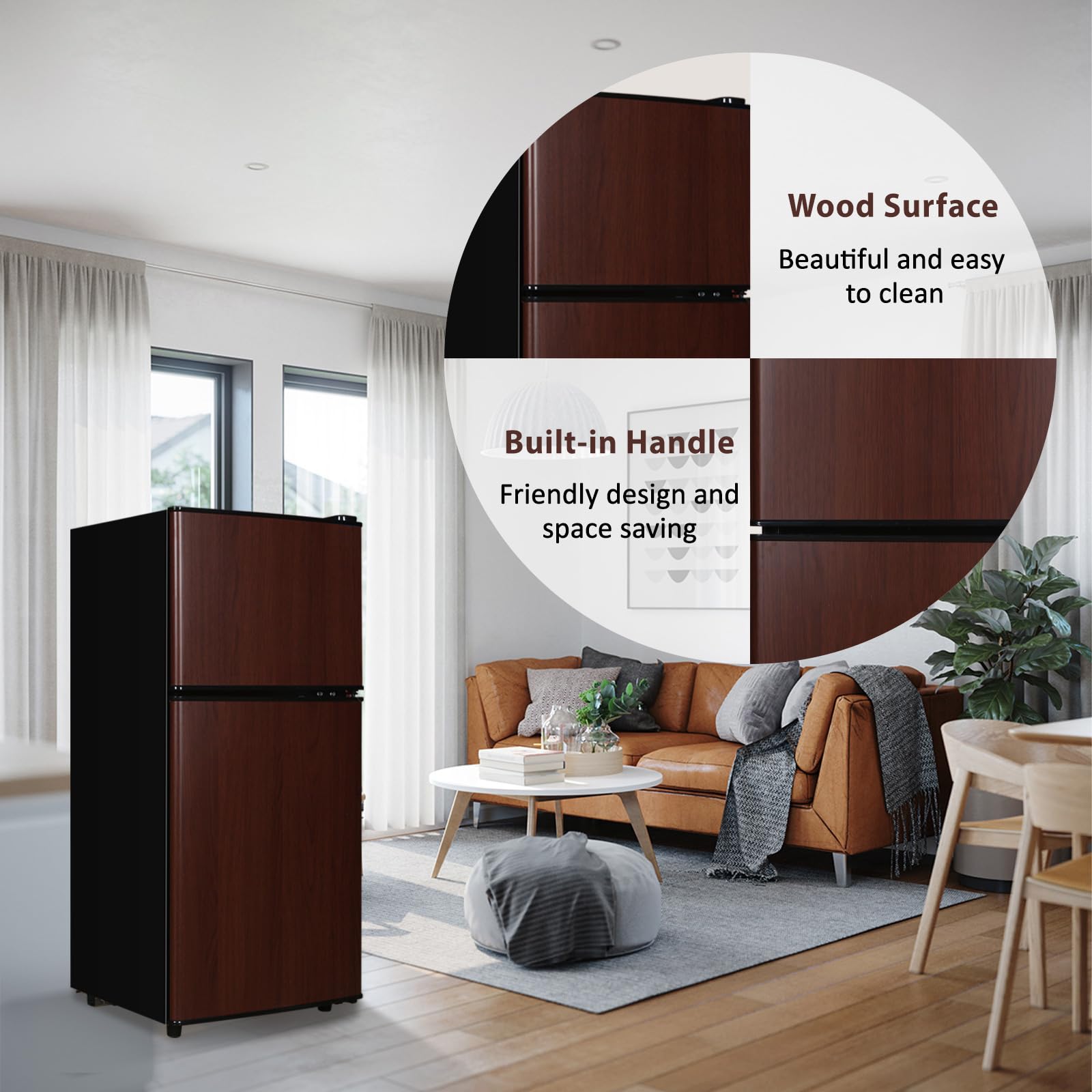 Axutl Refrigerator With Freezer Retro Mini Fridge Bedroom Dorm Wood Color 3.5 Cu.Ft Compact Small For RV Apartment 2-Door Design on Fridge.com - View 5
