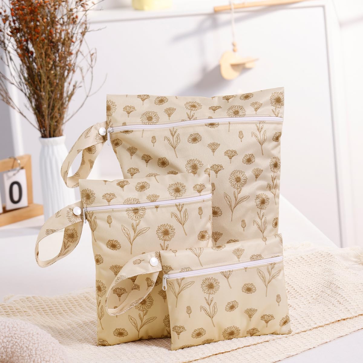 Treer 3 PCS Wet Bags Baby Cloth Nappy Wet Bag Waterproof Reusable Pastoral Style Print Diaper Bags with Zipper,Wet Dry Organizer Bag for Swimming, Baby Diaper, Travel Beach (Daisy 1)