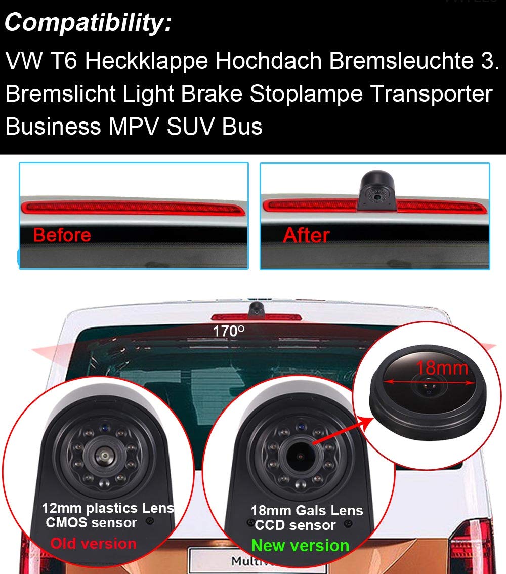 1280 * 720 Brake Bremsleuchte Auto Kamera Bremslicht Rückfahrkamera Fit for VW T6 Caddy Maxi Cargo Transporter Business MPV SUV Bus+7" Reverse Monitor