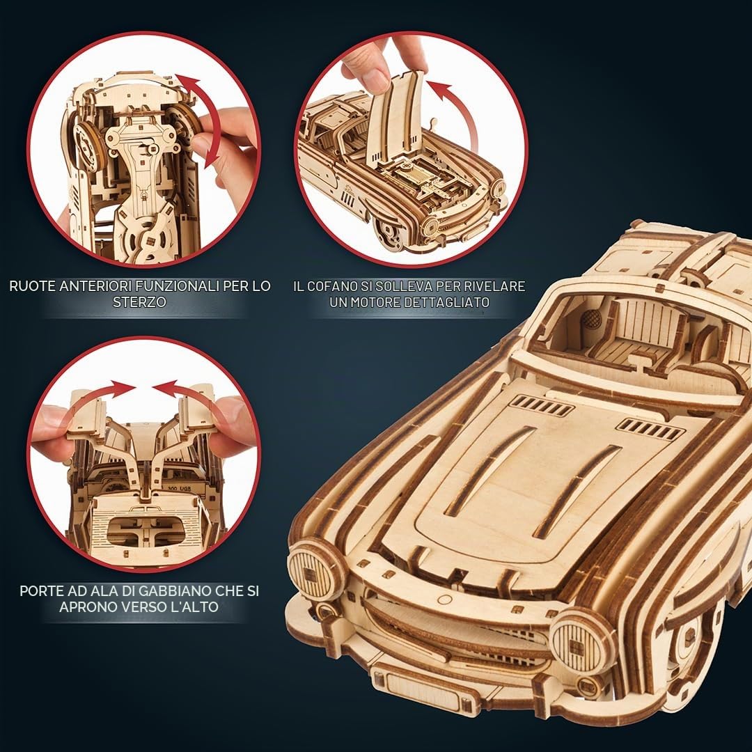 UGEARS Coupé Sportiva con Alettone - Modellismo Auto da Costruire Adulti - Puzzle 3D Legno Costruzioni per Adulti - Kit Modellino Auto da Costruire con Autentico Design ad Ali di Gabbiano