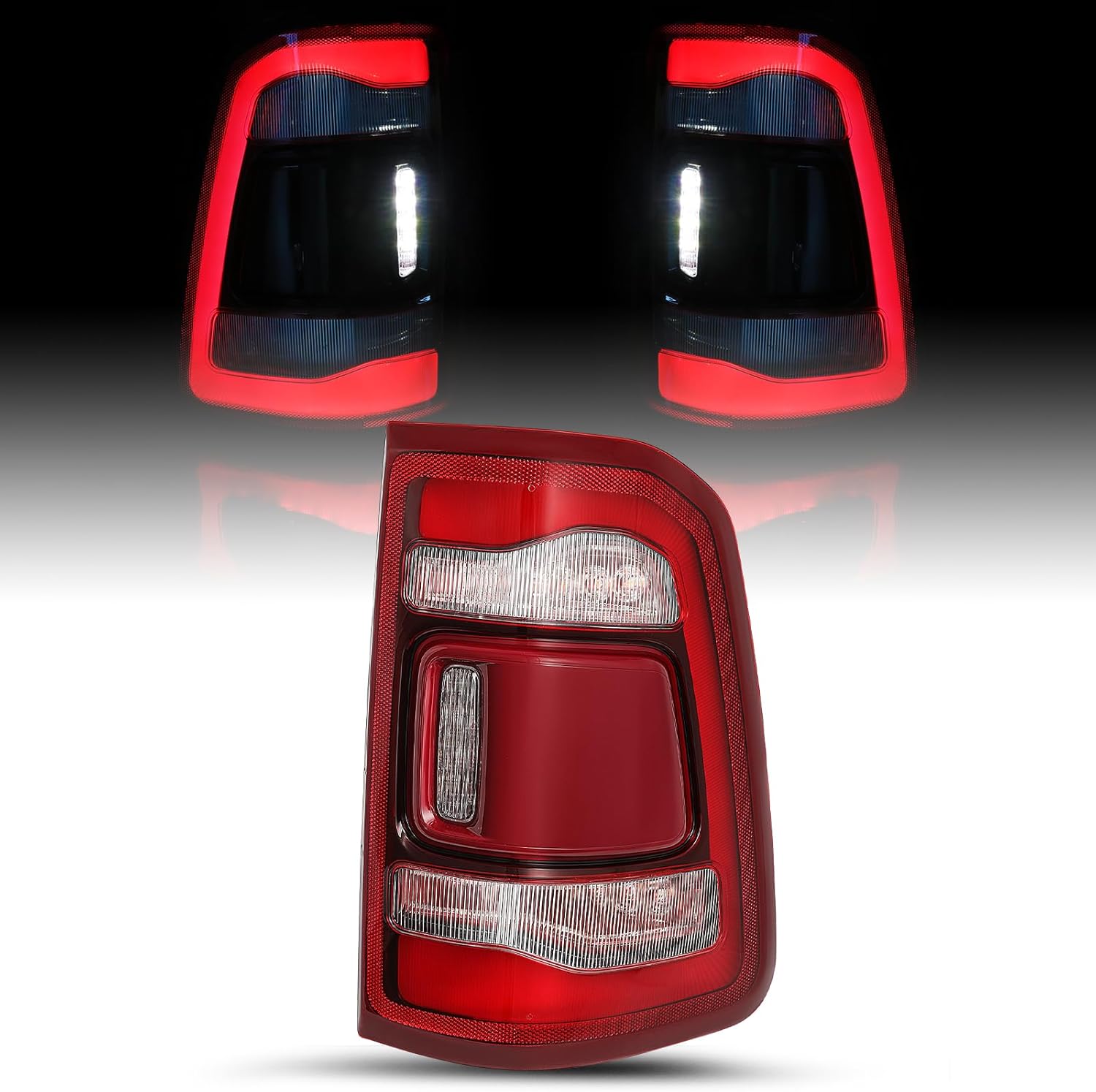 SOCKIR Tail Light Assembly LED Without Blind Spot Type Compatible With 2019-2024 Dodge Ram 1500, Rear Brake Light Tail Lamps Replacement Red Chrome Interior LED Brake Lamp Left Driver Side