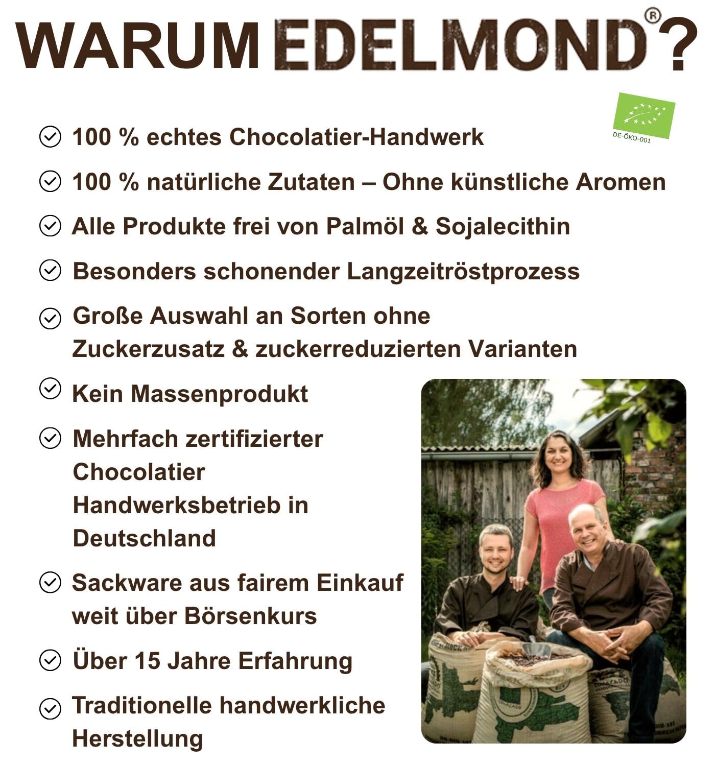 Edelmond Edelbitter Kuvertüre - 95% Hochprozentig in Kakao fürs Gourmet Kochen. Ohne Emulgator ohne Alkalisierung. Vegan Bio - 2x 250g