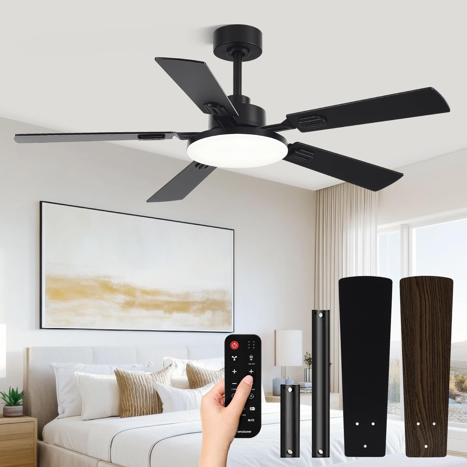 52 Inch Ceiling Fans with Lights and Remote for Bedroom Living Room Kitchen Office Indoor Outdoor Use 5CCT