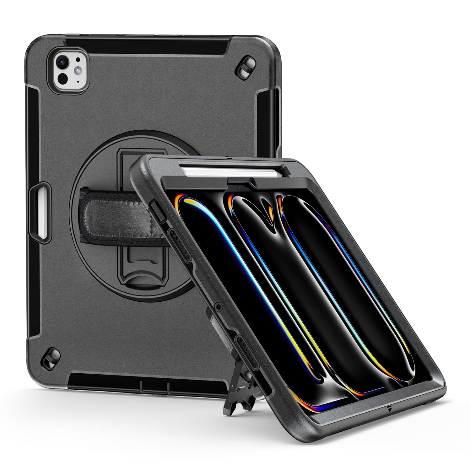 Miesherk Military Grade Heavy Duty Shockproof Case for iPad Pro 11 Inch 2024 With Screen Protector, Pencil Holder, Hand/Shoulder Strap, Rotating Kickstand, Black