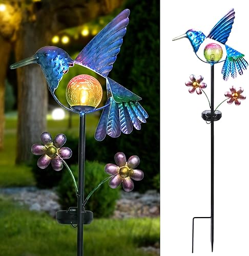 Afirst - Lámparas solares decorativas con poste para el jardín, lámparas impermeables para exteriores, de colibrí, luces LED cálidas, luces de