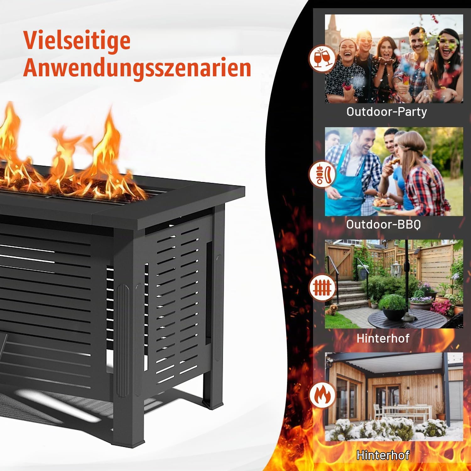 YODOLLA Feuertisch mit Grillrost & Grillzange für Heizung/BBQ Grill | 108x58x63cm Metall Feuerschale, 3-in-1 Holzbrennender Gartenfeuerstelle als Tisch für Gartenpartys verwenden, Schwarz
