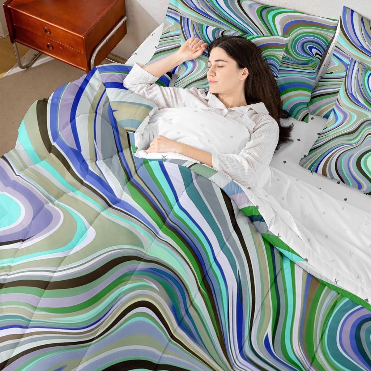 Erosebridal Abstract Bed in A Bag King Size Rainbow Stripe 7 Piece Bedding Set for Kids Boys Girls Fluid Boho Tribal Fantasy Green Black All Season Comforter Set with Sheets