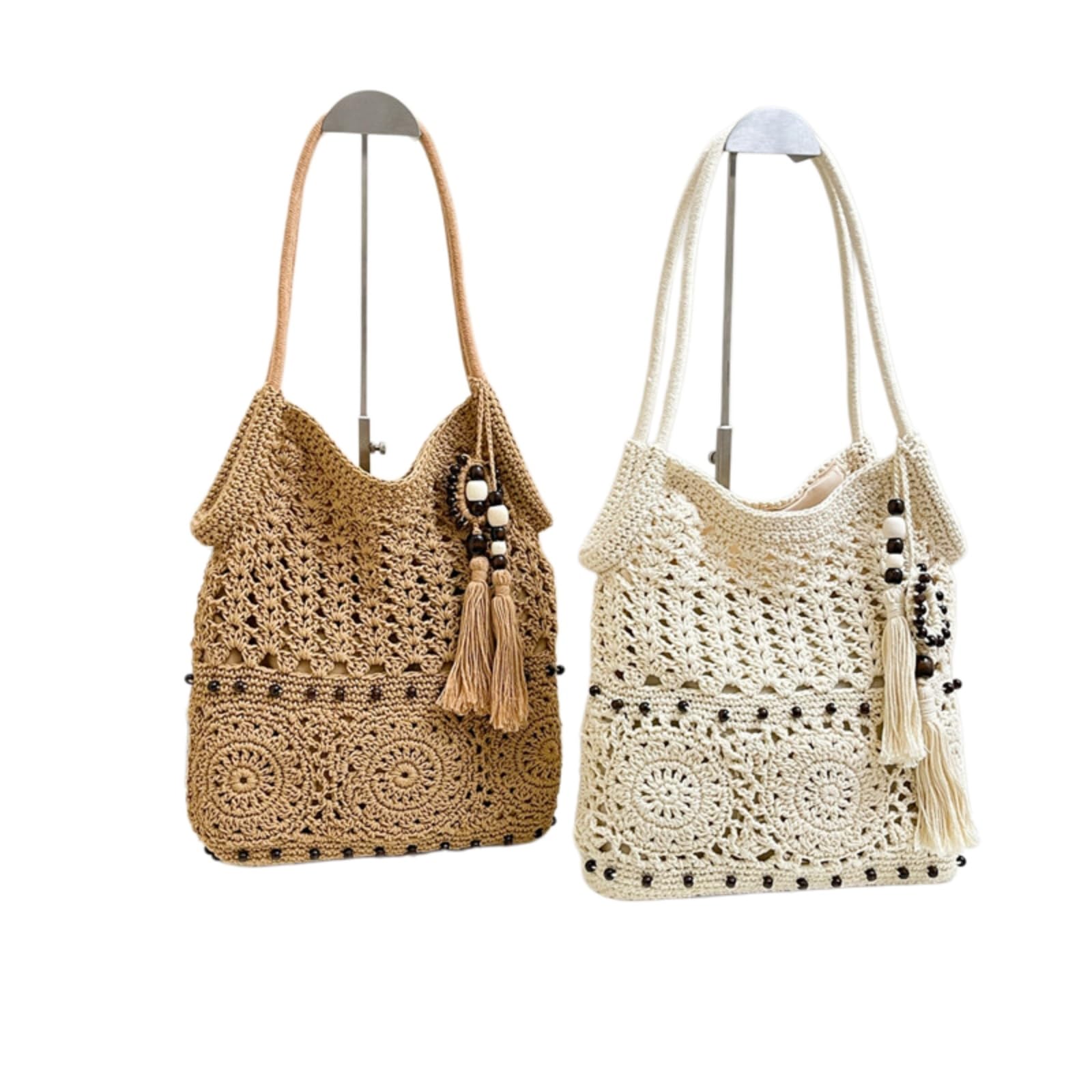 Beauty Case Donne Tassel Borsa Elegante Hollow out Design A Spalla Spiaggia Leggera per Le Vacanze Estive-Khaki
