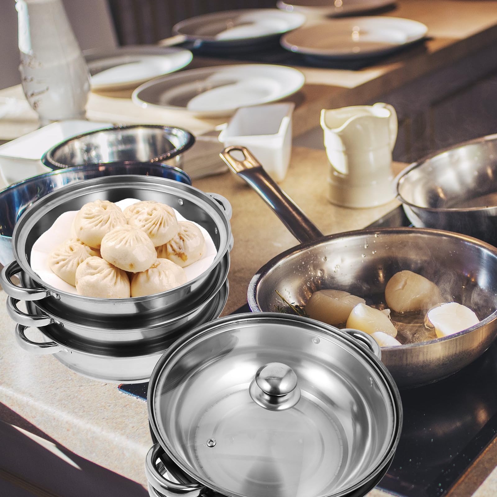 IMIKEYA Pentola a vapore in acciaio inox 5 livelli 28 cm, pentola da zuppa multifunzionale per cucina a vapore, utensili da cucina pratici per vapore, bollire e cucinare a casa