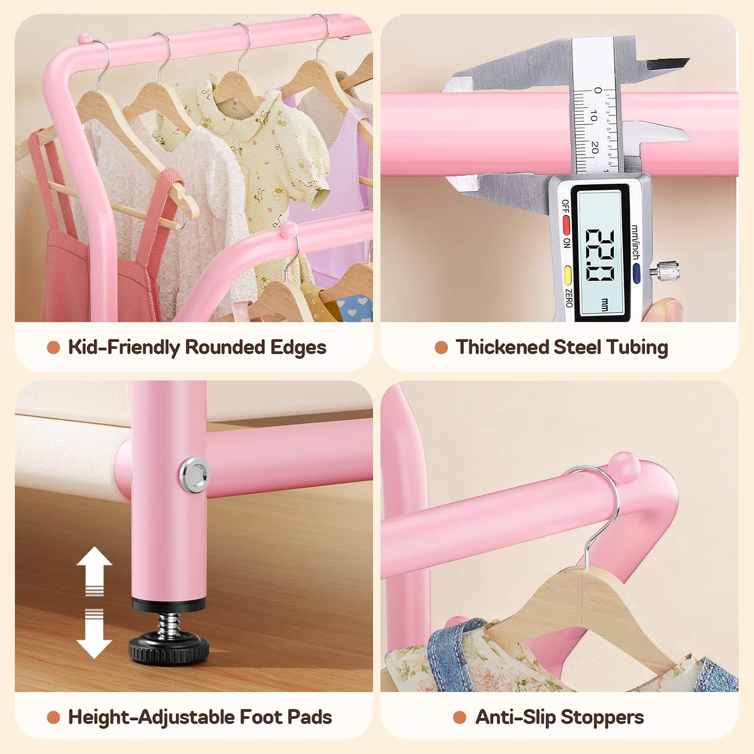 Kids Clothing Rack with Double Hanging Rods and Storage Basket, Child-Height Dress Up Storage for Toddler, Open Kids Closet for Baby Clothes, Costumes, Shoes and Toy, Kids Clothes Rack Bedroom Nursery