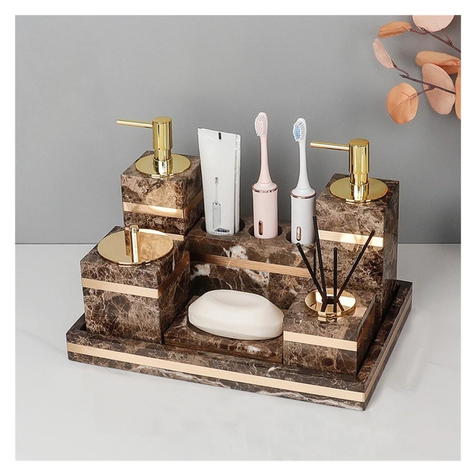 Set de Accesorios de Baño Juego de mármol natural oscuro for baño, soporte de piedra de lujo for cepillos de dientes, taza for dientes, dispensador de jabón, juegos de accesorios for baño(Soap dispens
