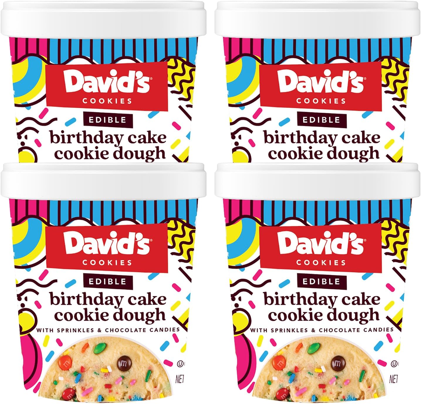 David’s Cookies Birthday Cake Edible Cookie Dough – 4 Tubs (12oz Each) – Safe-to-Eat, Eggless Recipe with Heat-Treated Flour – with Rainbow Chocolate Candies & Sprinkles, Ready-to-Eat Dessert Treat
