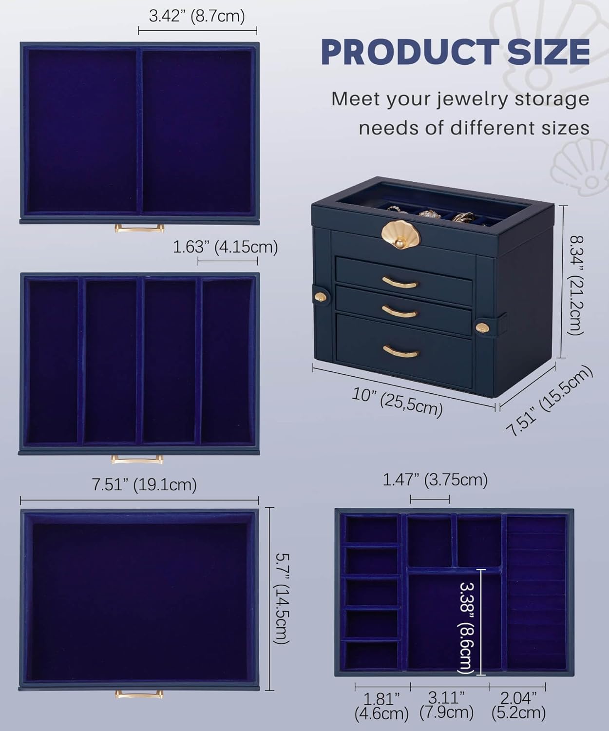 Jewelry Box with 3 Drawers: Display Organizer for Earrings Necklaces - Gifts for Girls Women (Dark Blue) - Image 7