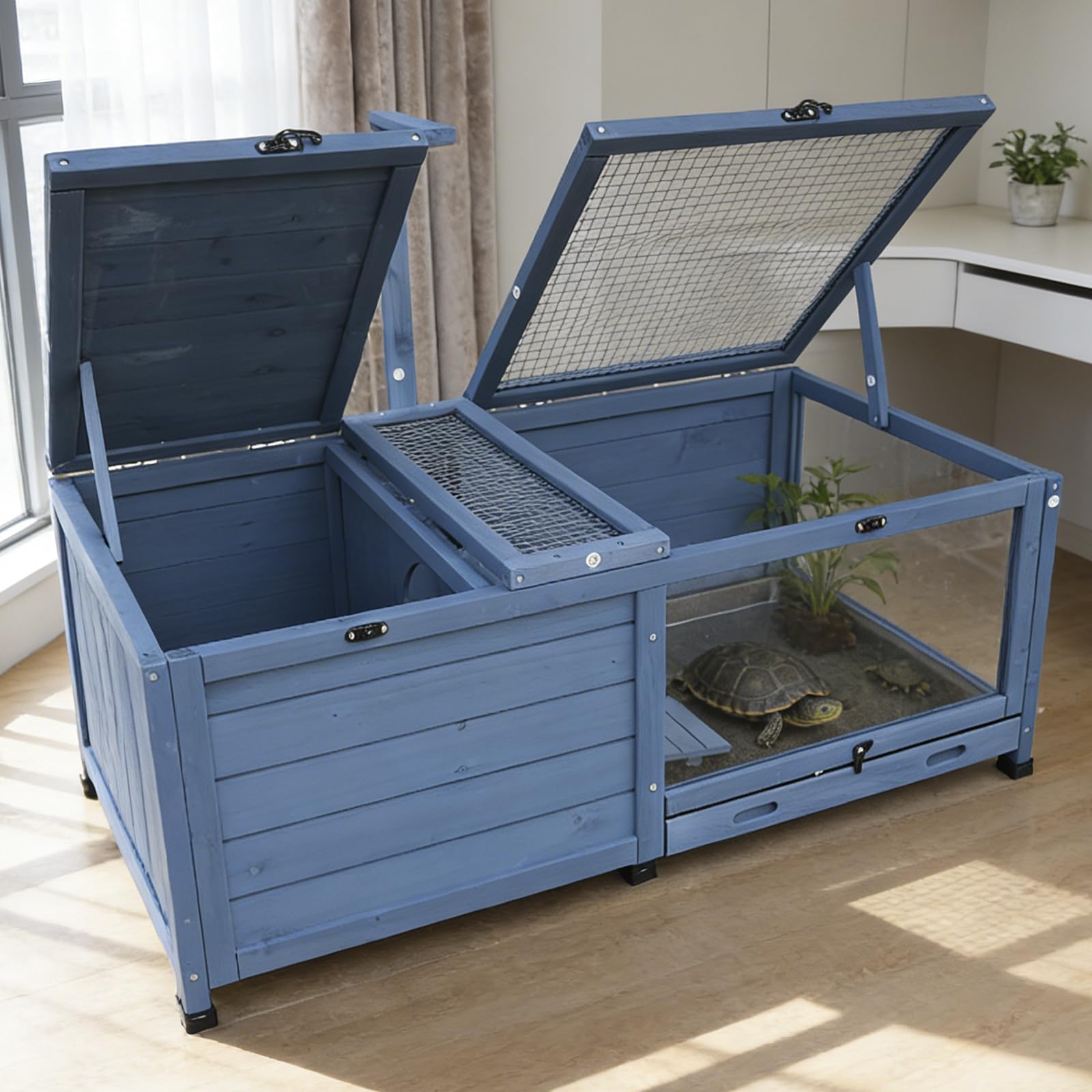 Großes Schildkrötenhaus aus Massivholz, Indoor/Outdoor Reptiliengehege mit herausnehmbarem Tablett & Belüftung, Ideal für Schildkröten, Eidechsen, Geckos & Bartagamen