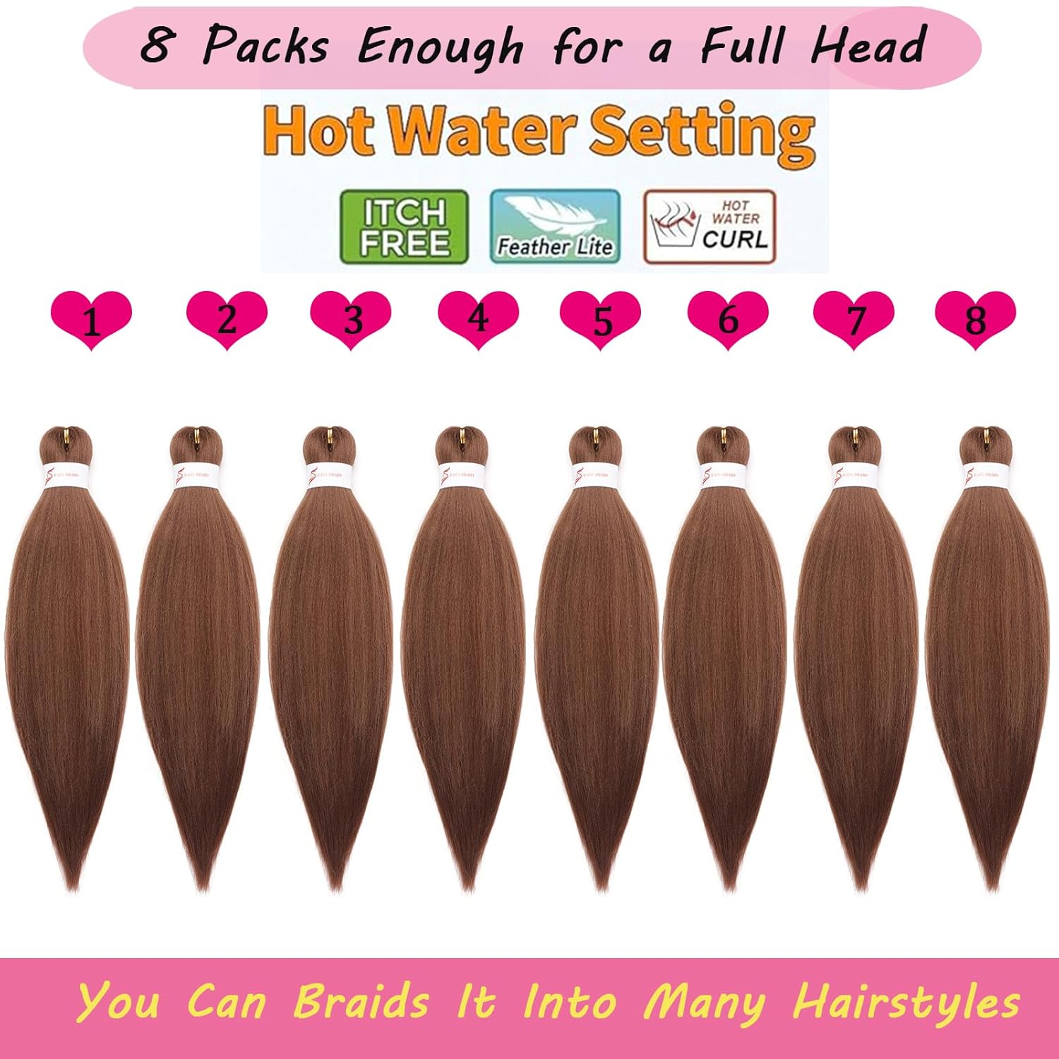 Brwon Braiding Hair Pre stretched 18 Inch 8 Packs Pre stretched Braiding Hair Ago Pre Stretched Hair For Twist Yaki Texture Synthetic Hair Extension Itch Free Hot Water Setting(18", 30#)