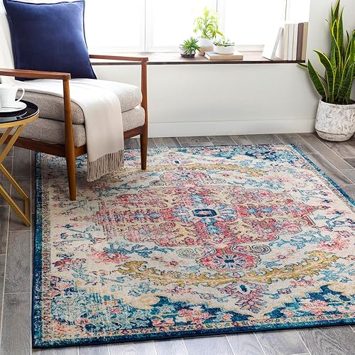 Livabliss Area Rugs - 8x10 Odelia Vintage Boho Aqua Burgandy Blue Area Rug for Living Room Bedroom - Floral Medallion Stain Resistant Carpet for Kitchen, Nursery, Office (7'10" x 10')