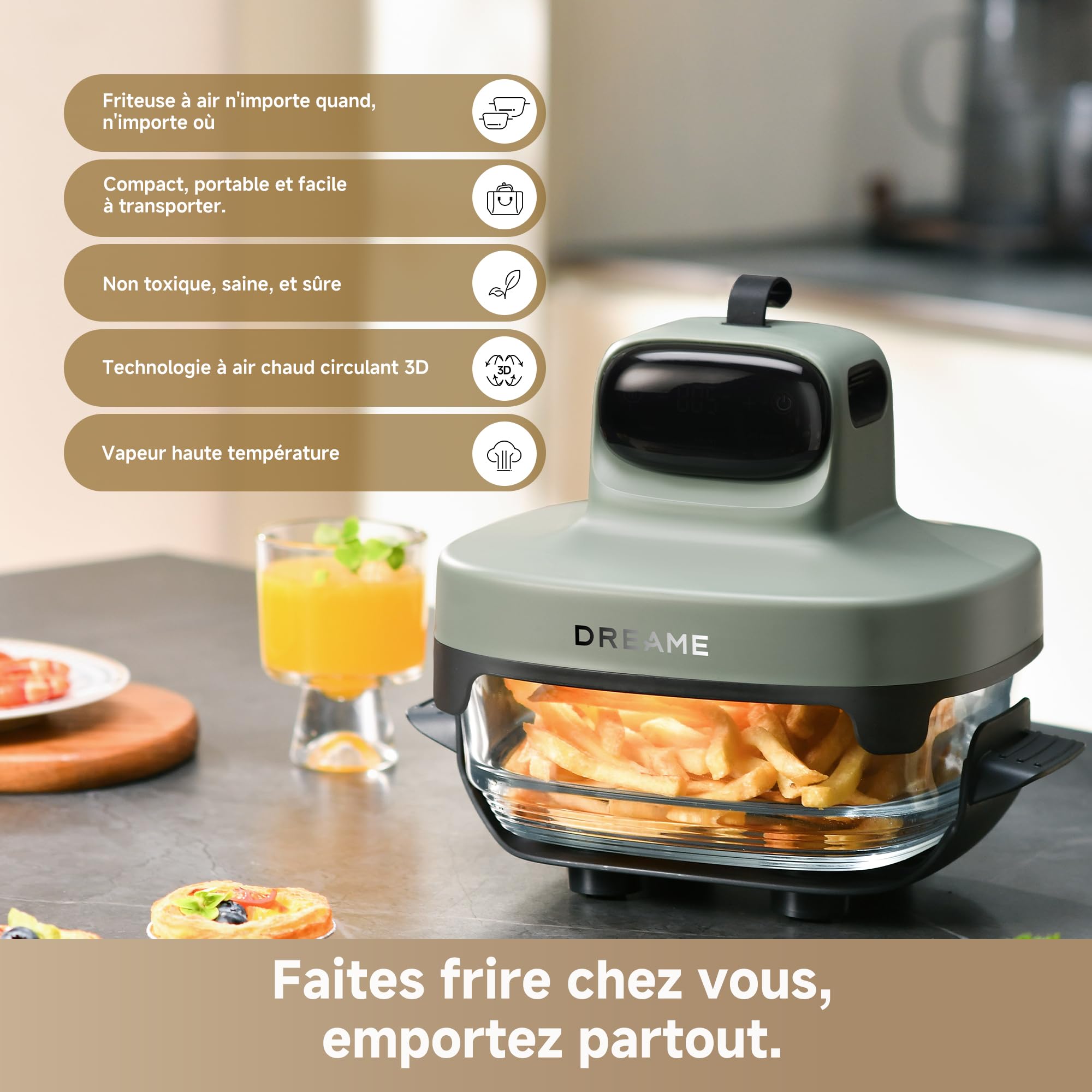 DREAME Tasti Friteuse à air en verre portable 5 en 1, 2,5 L + 4,5 L | 2 cuves, cuisson sans huile, rôtir, griller, réchauffer, maintien au chaud, verre résistant, vue à 360°