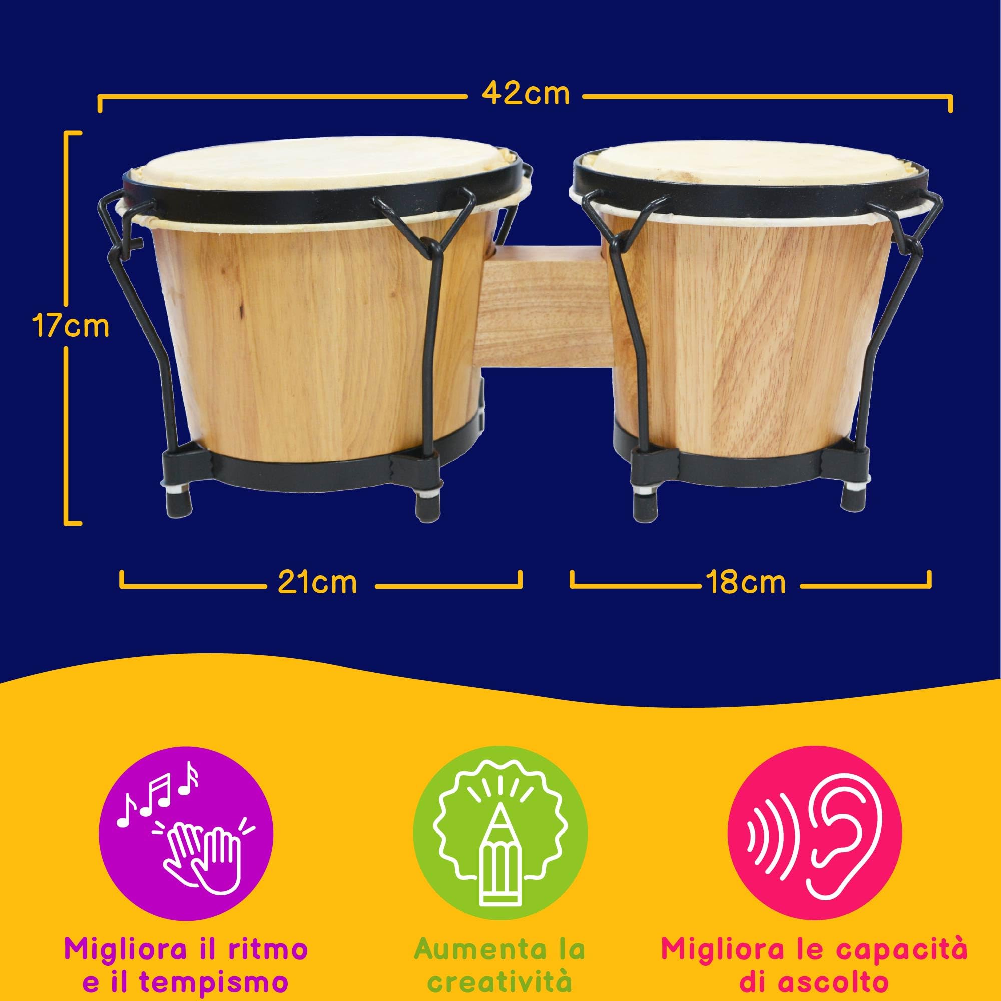 A-Star Set di tamburi Bongo da 7" pollici e 8" pollici - Legno massello con pelli in pelle naturale e chiave per accordatura