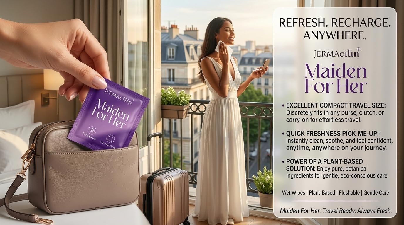 Maiden For Her Wet Wipes, PLANT-BASED, Gentle w/Purified Water, pH-Balanced Feminine Cleansing Wipes, Individually Wrapped, Paraben-Free, Flushable and Mild Fragrance