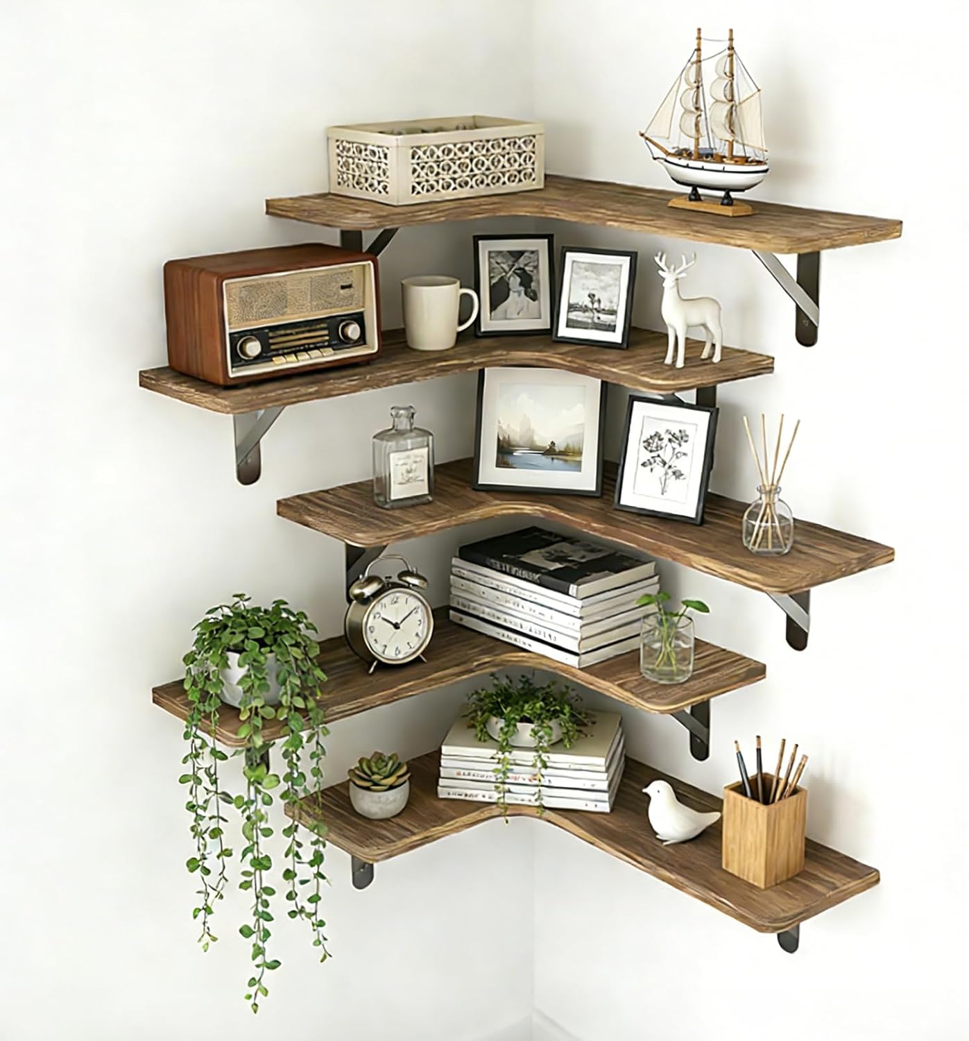 Corner Floating Shelves, Set of 5 L-Shape Wood Wall Mounted Shelves for Bathroom Kitchen Bedroom Living Room Laundry Room Home Decor, Wood Corner Shelves Rustic Brown