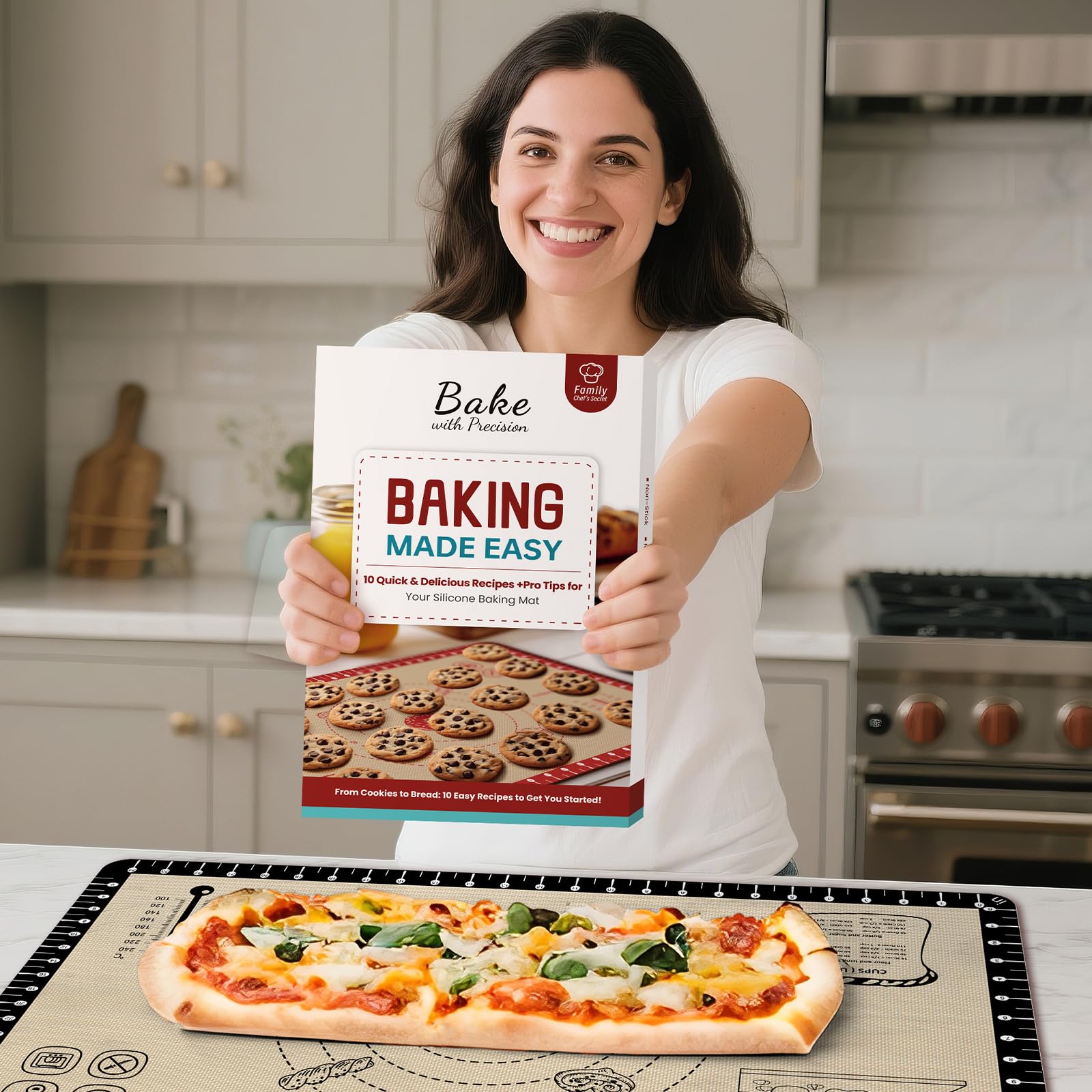 Extra dicke Silikon-Backmatte mit 10 einfachen Rezepten, Silikonmatte zum Backen, antihaftbeschichtete Gebäckmatte für Teigrollen, Macaron, Kekse, Brot, Pizza, Fondant/Kuchenkruste, ofen- und